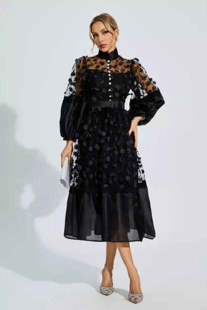 Janice Black Mesh Flower Midi Dress
