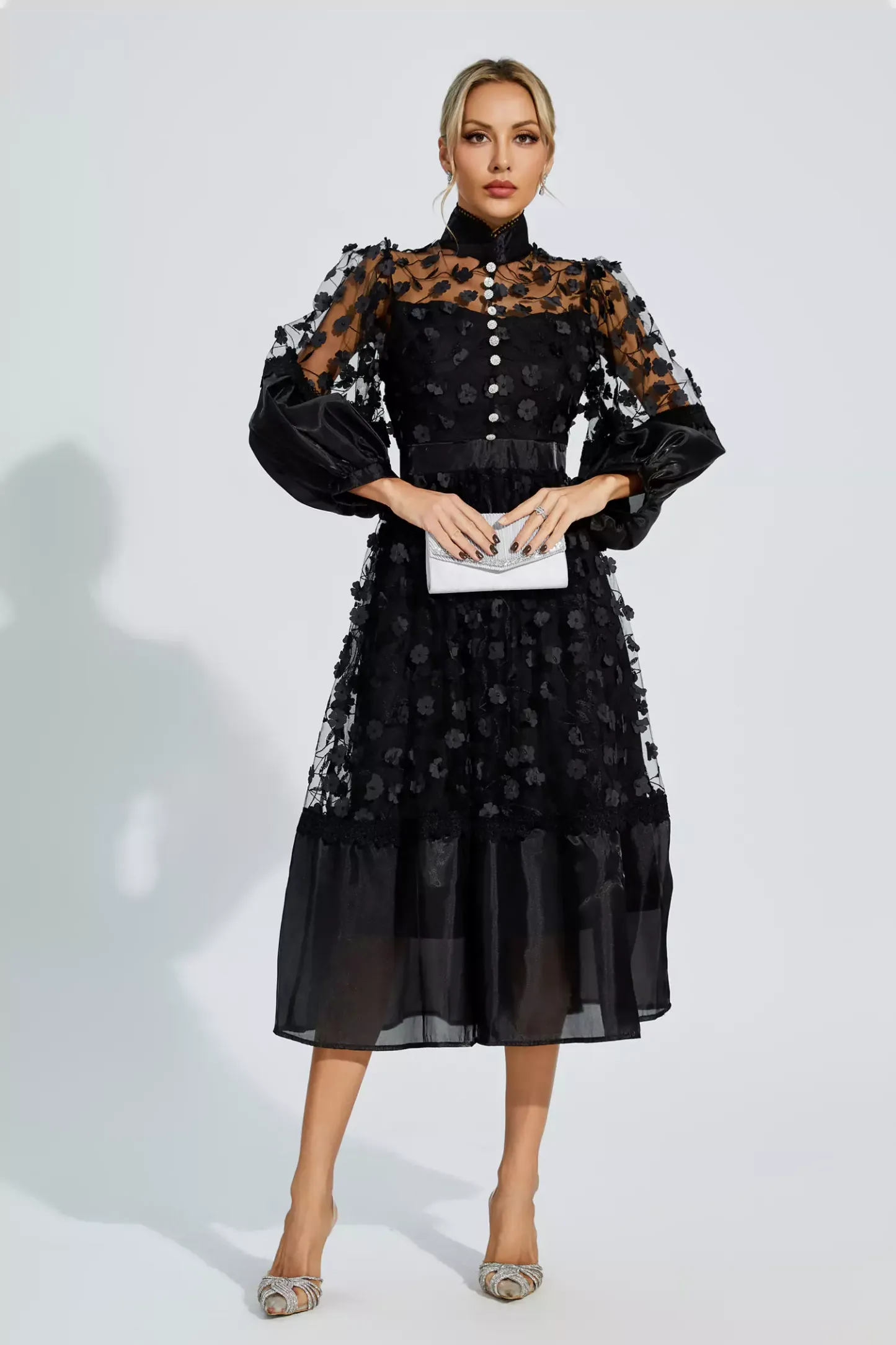Janice Black Mesh Flower Midi Dress