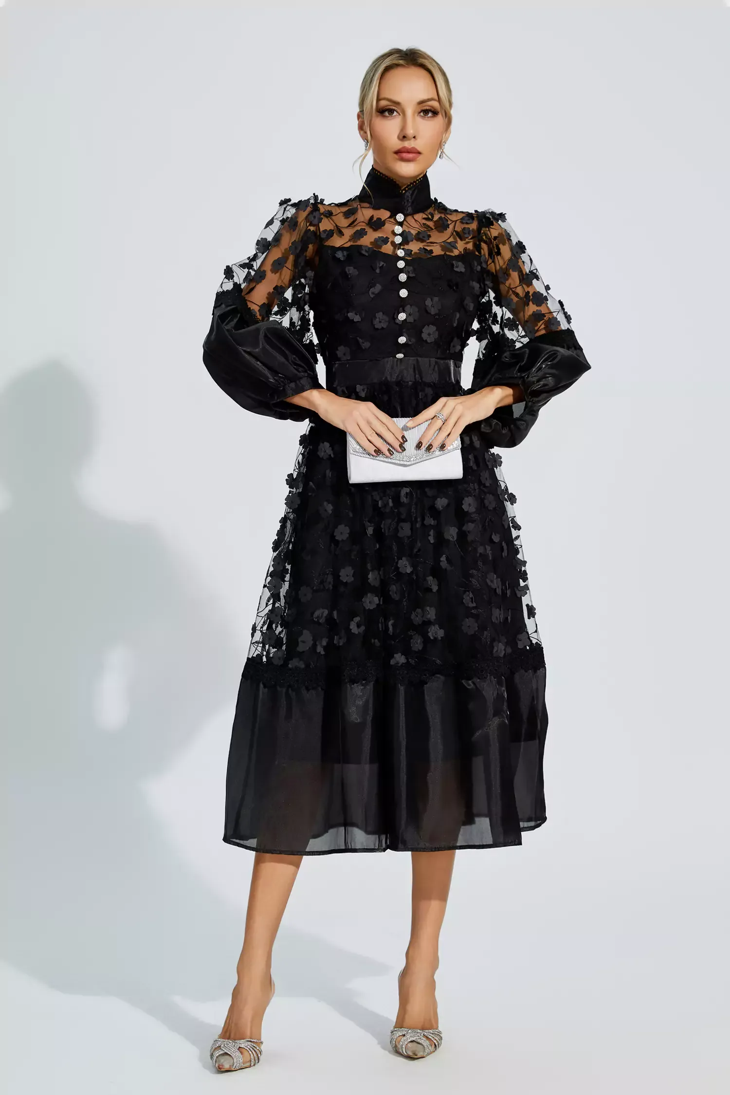 Janice Black Mesh Flower Midi Dress