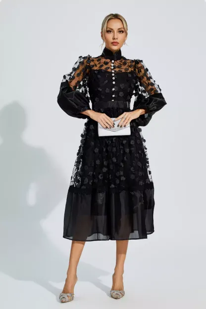 Janice Black Mesh Flower Midi Dress