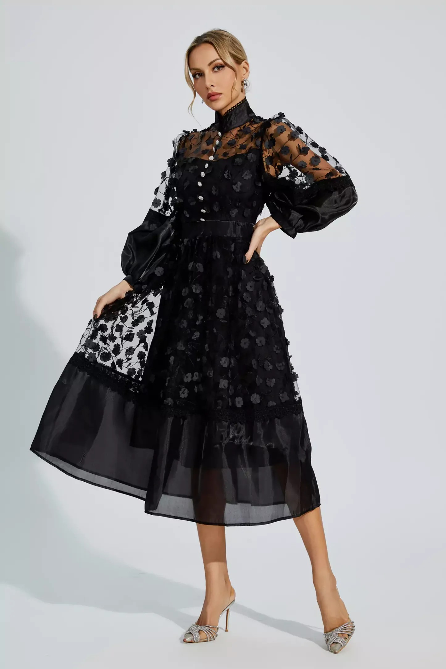 Janice Black Mesh Flower Midi Dress