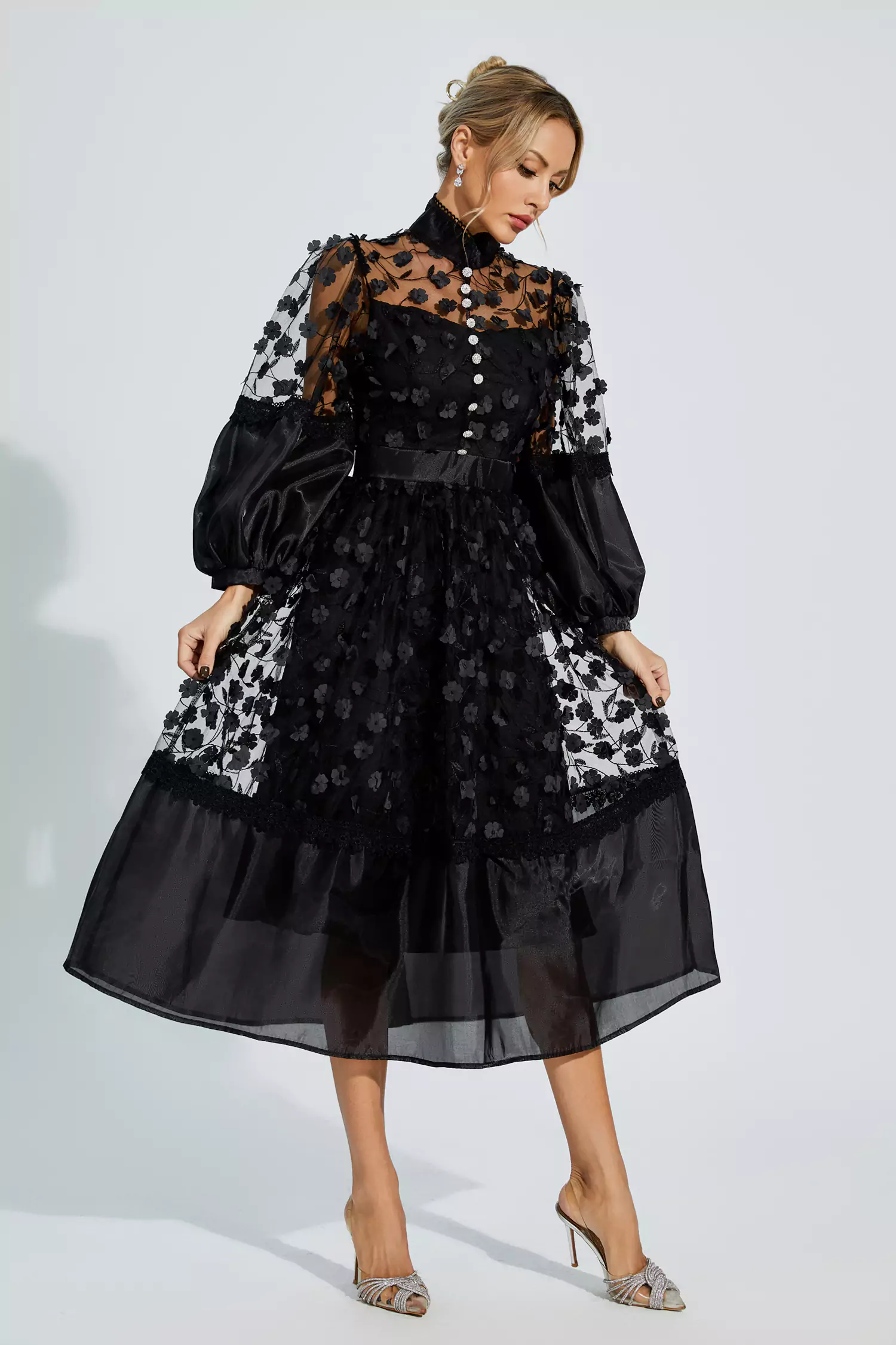 Janice Black Mesh Flower Midi Dress