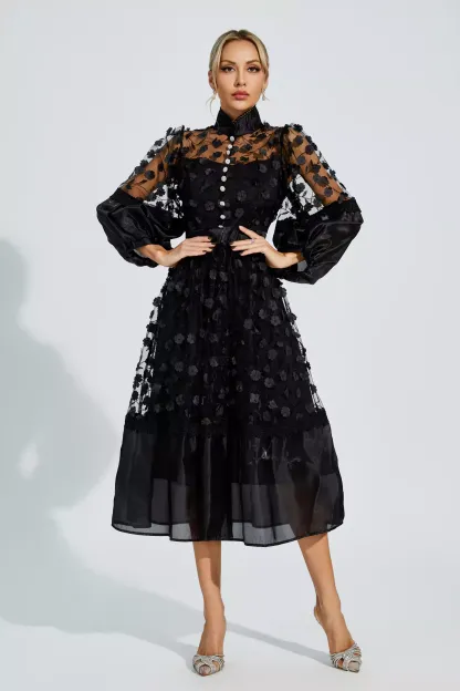 Janice Black Mesh Flower Midi Dress