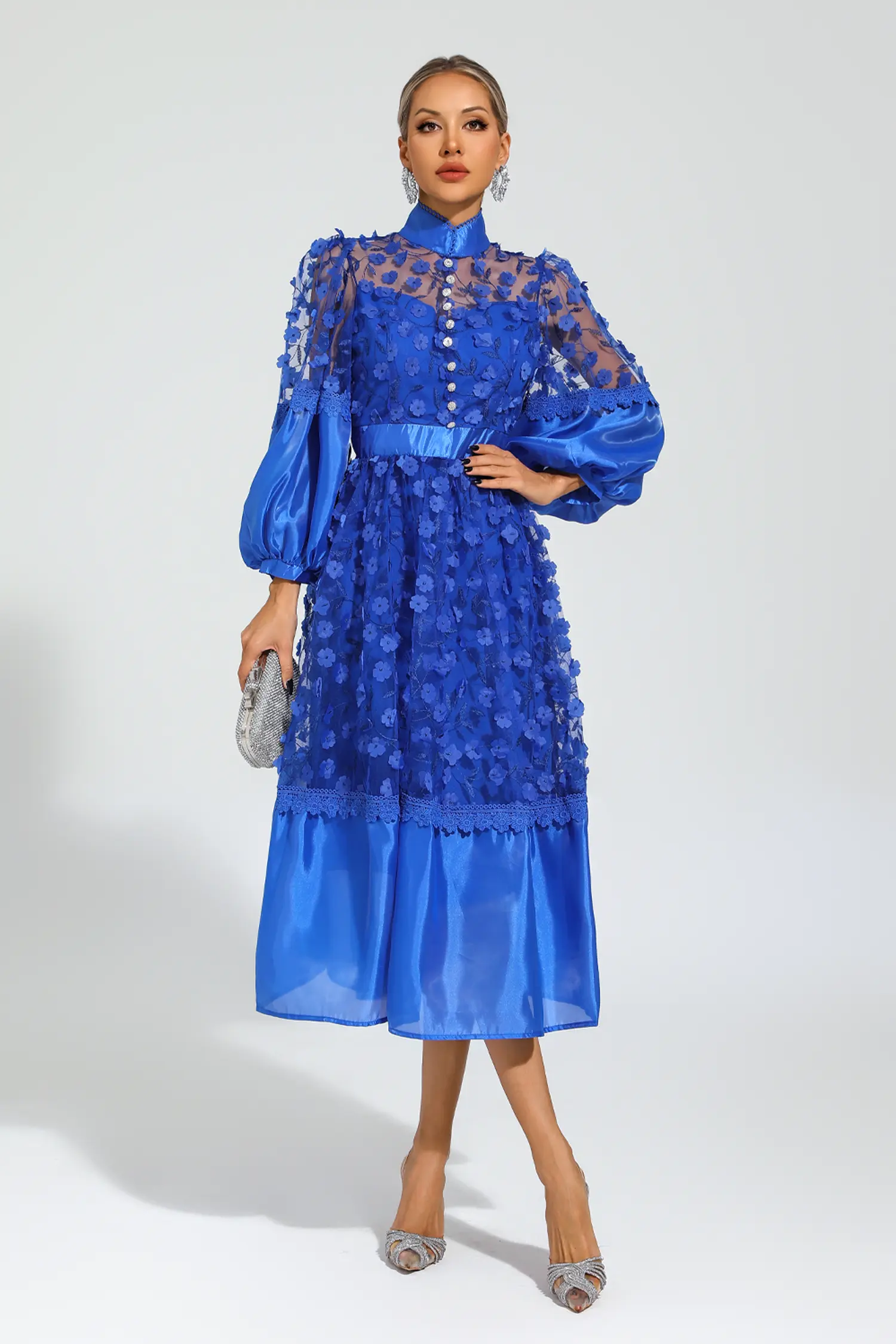 Janice Blue Mesh Flower Midi Dress
