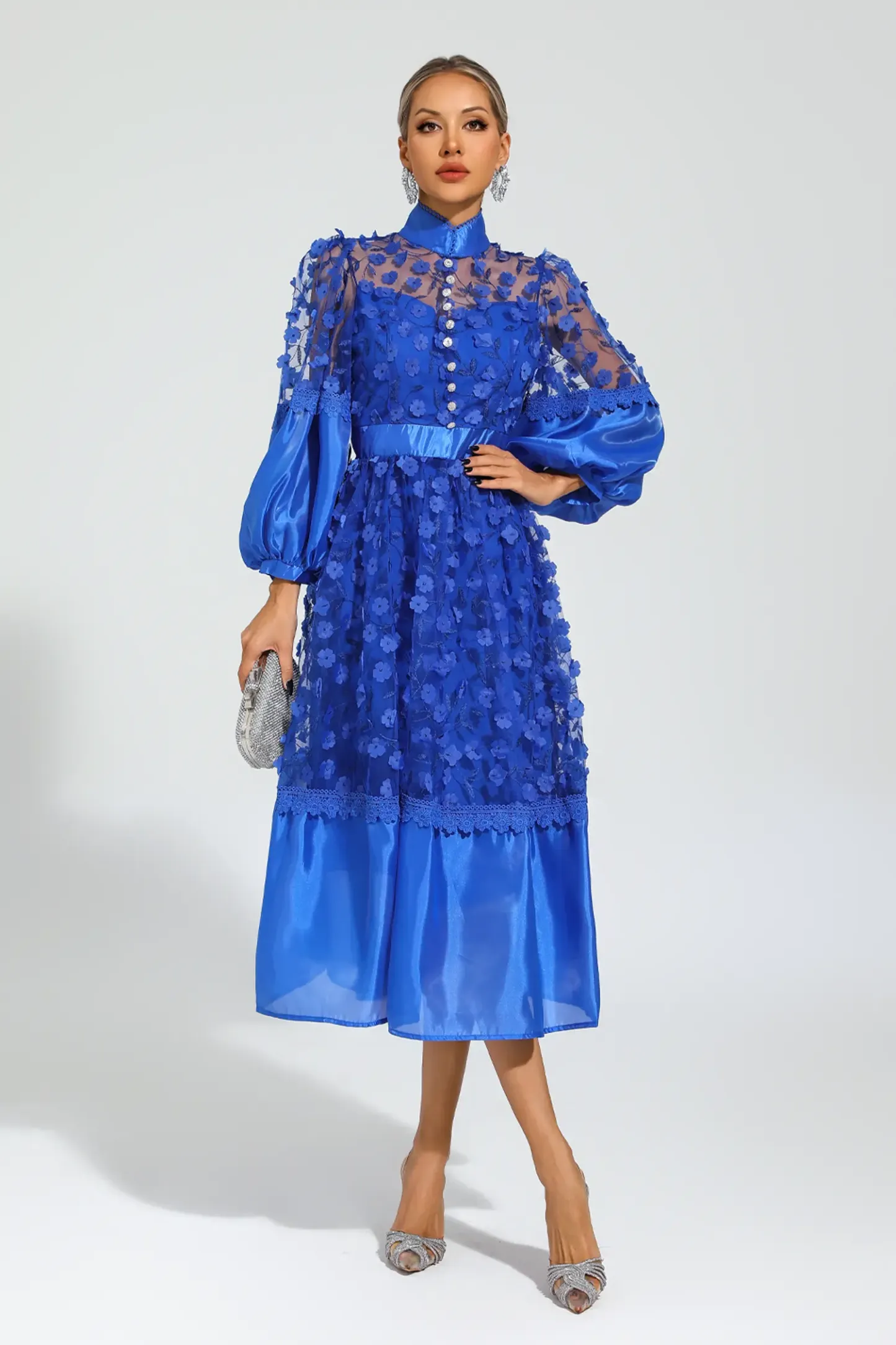 Janice Blue Mesh Flower Midi Dress