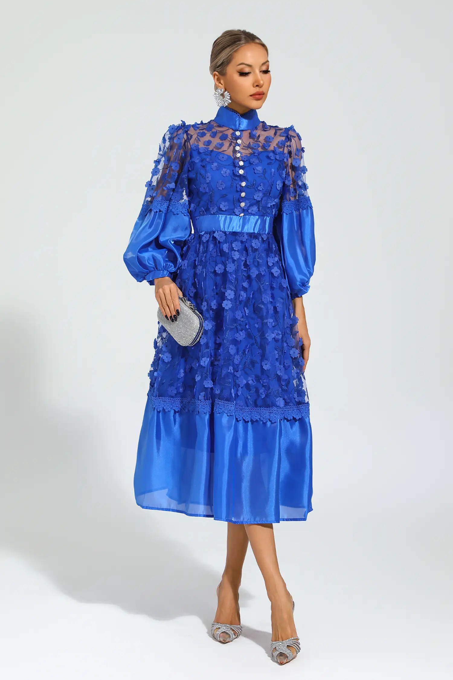 Janice Blue Mesh Flower Midi Dress