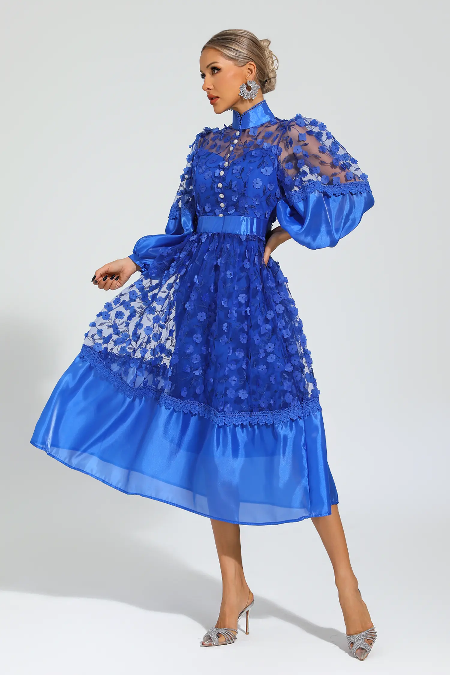 Janice Blue Mesh Flower Midi Dress