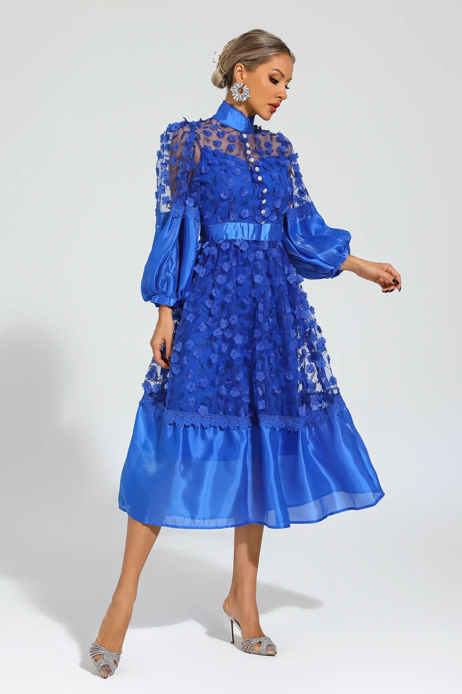 Janice Blue Mesh Flower Midi Dress