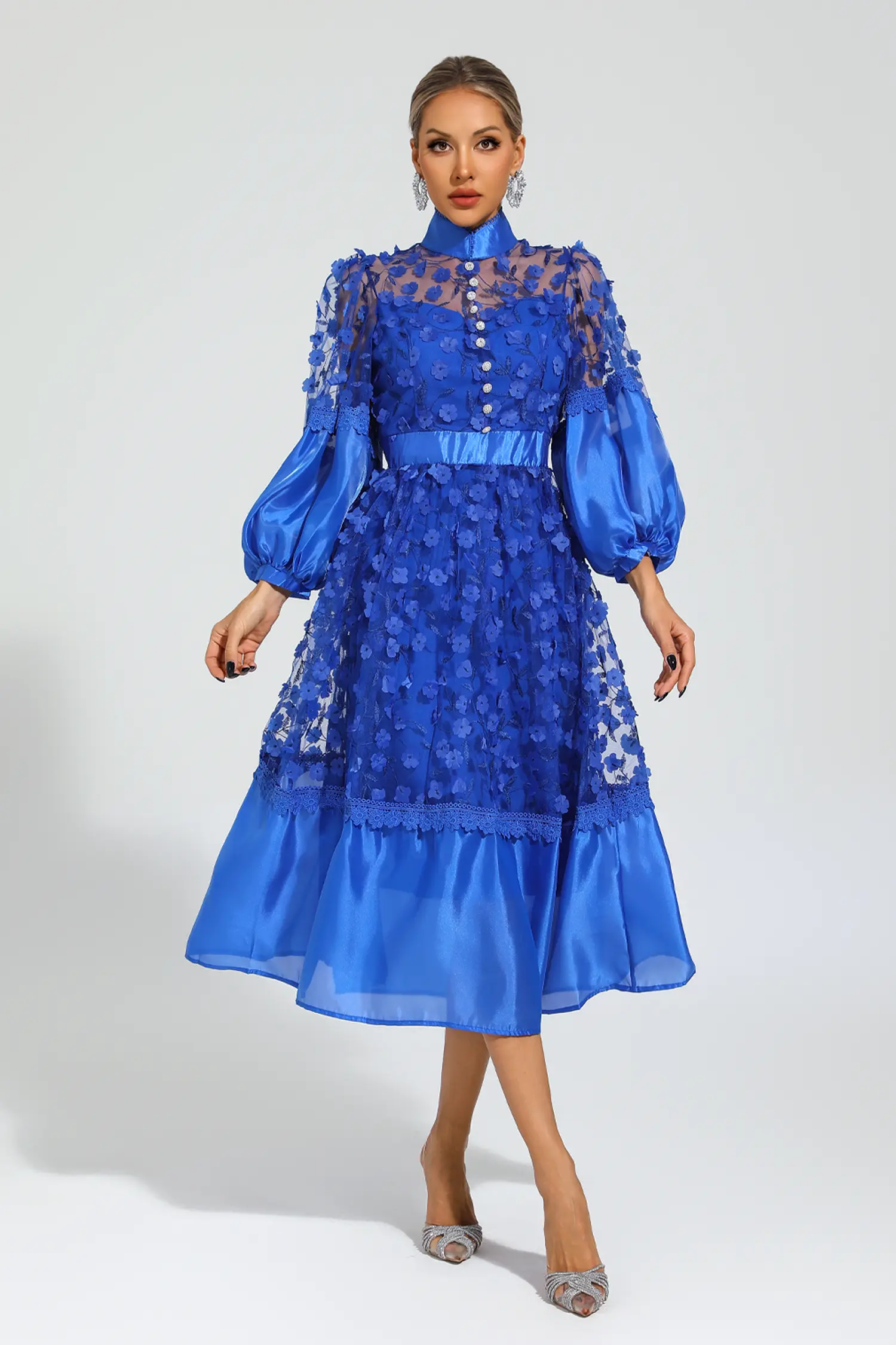 Janice Blue Mesh Flower Midi Dress
