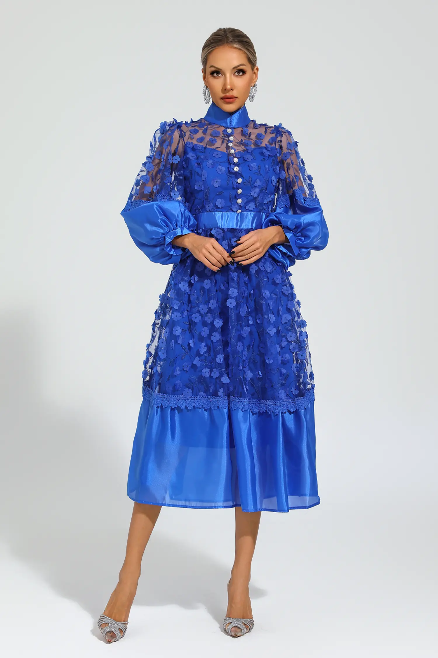 Janice Blue Mesh Flower Midi Dress
