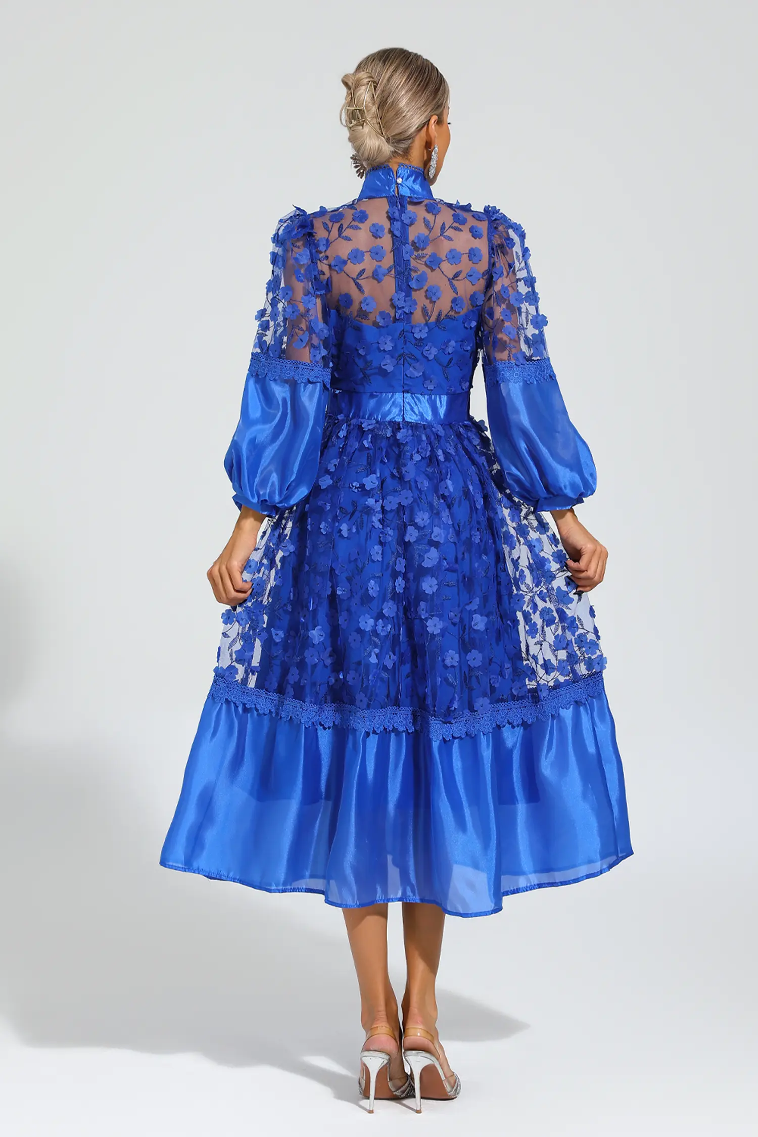 Janice Blue Mesh Flower Midi Dress