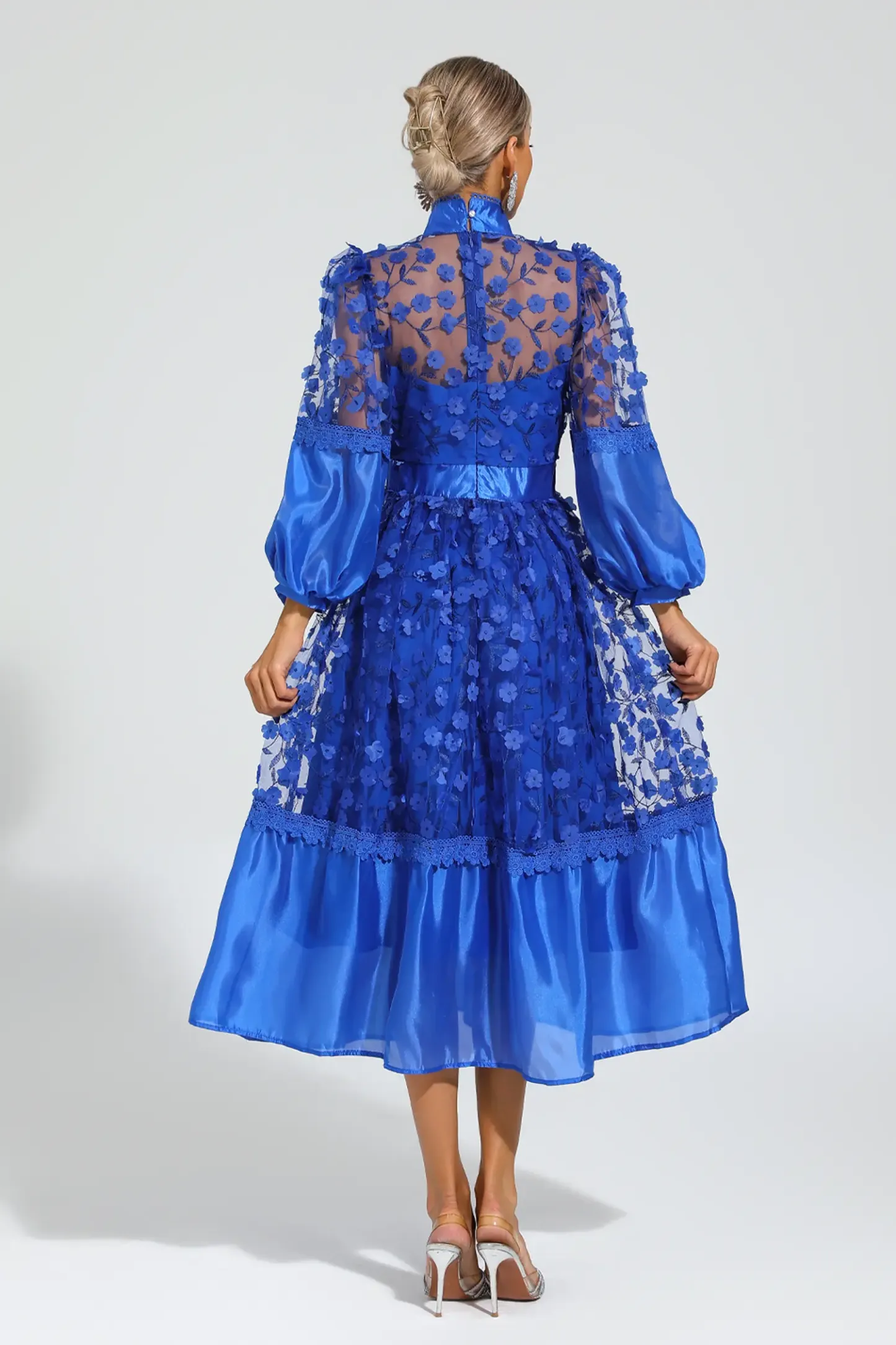 Janice Blue Mesh Flower Midi Dress