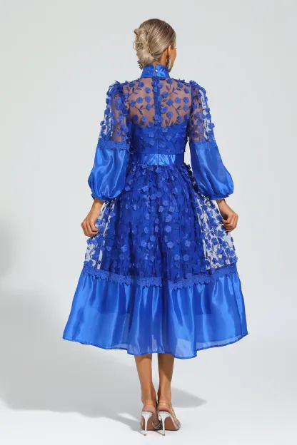 Janice Blue Mesh Flower Midi Dress