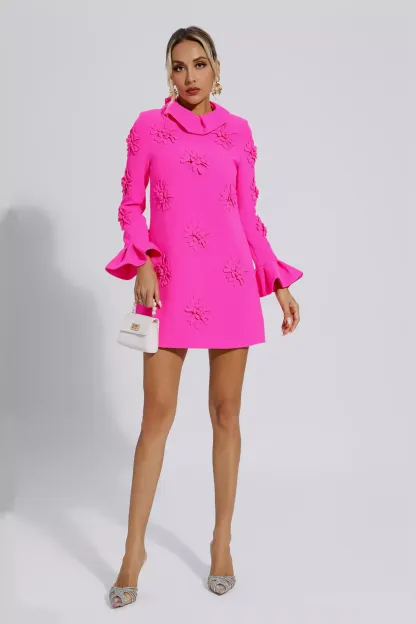 Flynn Pink Jacquard Floral Long Sleeve Mini Dress