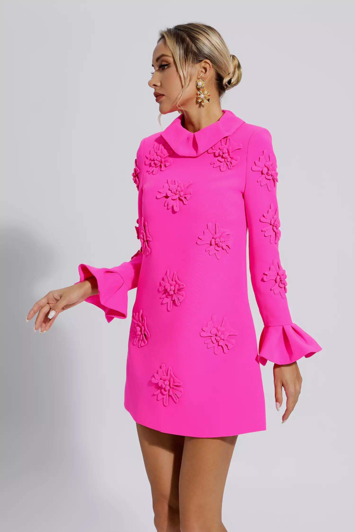 Flynn Pink Jacquard Floral Long Sleeve Mini Dress
