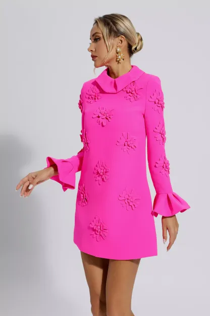 Flynn Pink Jacquard Floral Long Sleeve Mini Dress