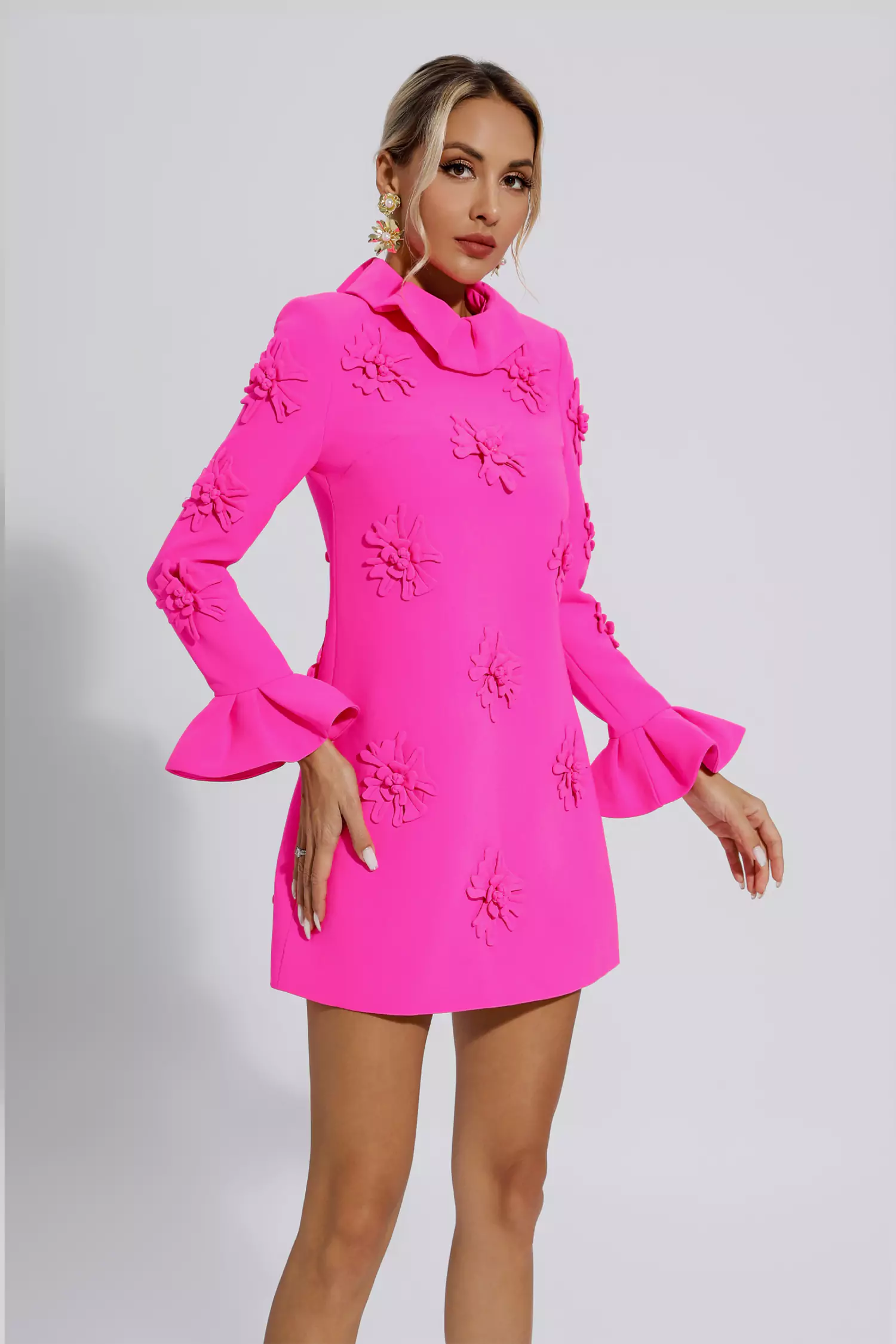 Flynn Pink Jacquard Floral Long Sleeve Mini Dress