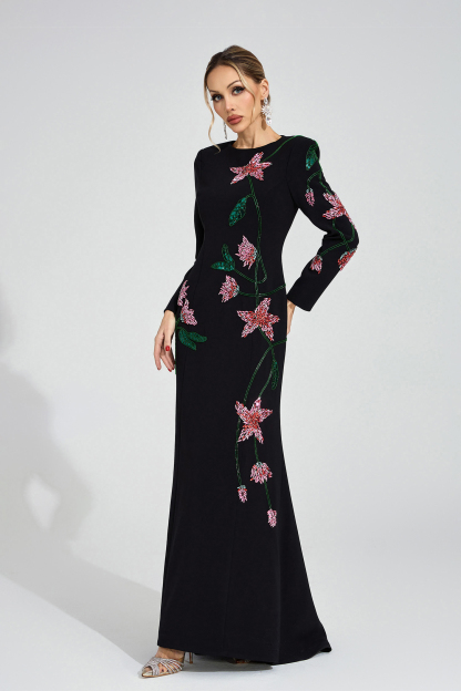 Velvet Black Floral Maxi Dress