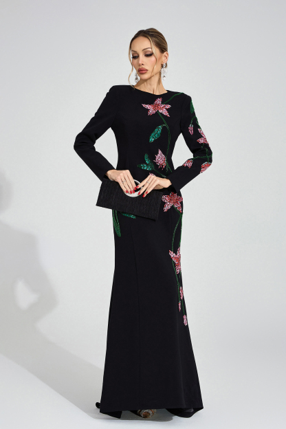 Velvet Black Floral Maxi Dress