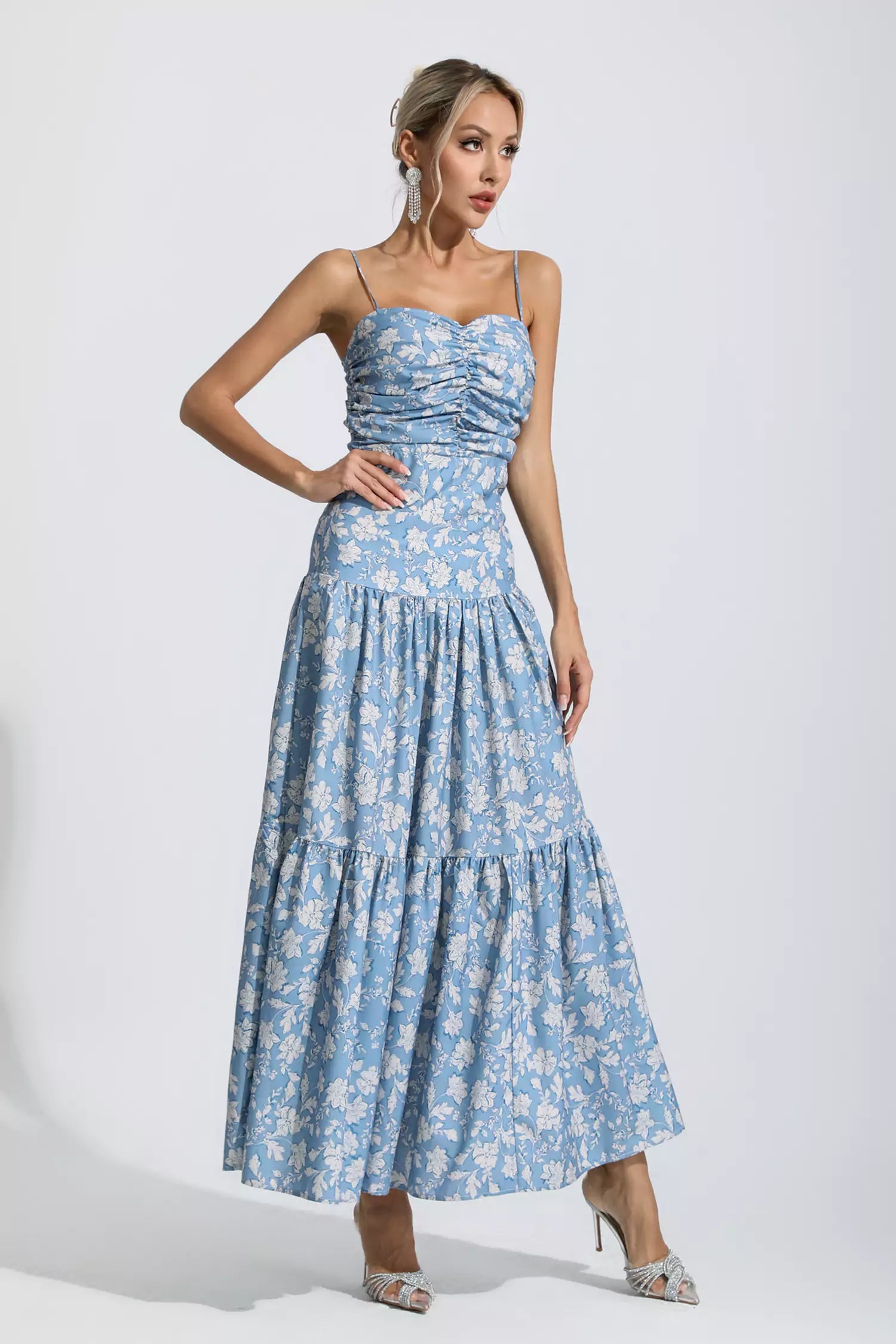 Occam Blue Floral Ruched Slip Maxi Dress