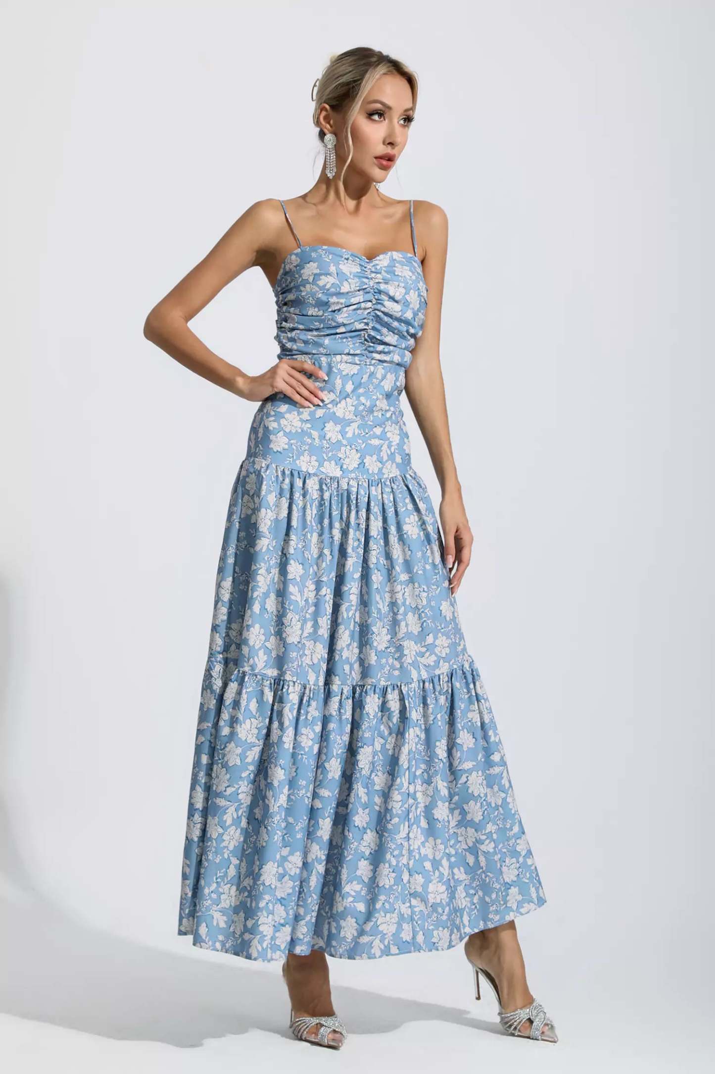 Occam Blue Floral Ruched Slip Maxi Dress