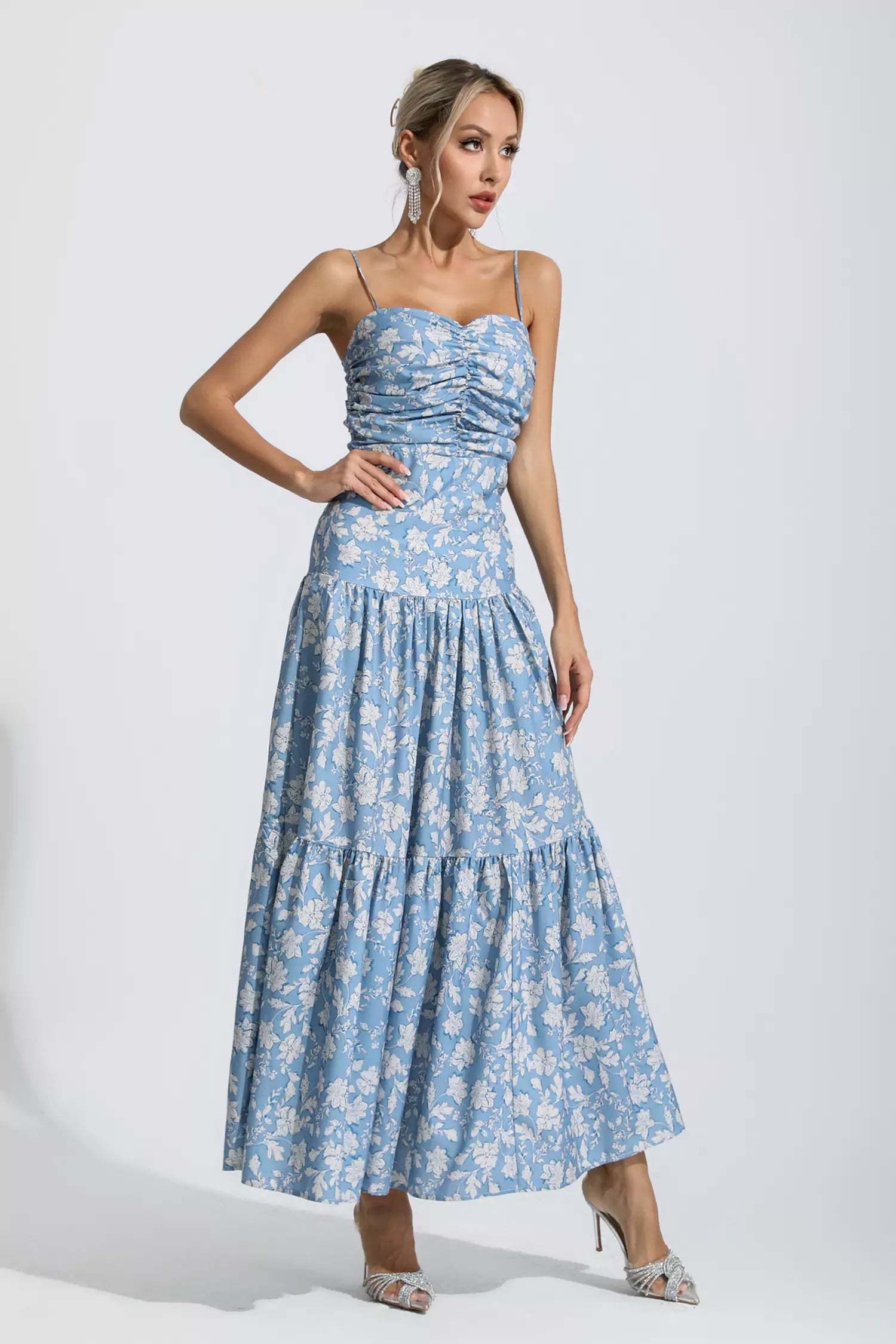 Occam Blue Floral Ruched Slip Maxi Dress