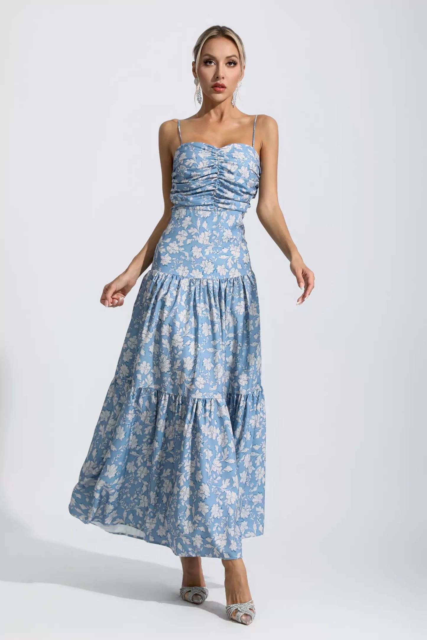 Occam Blue Floral Ruched Slip Maxi Dress