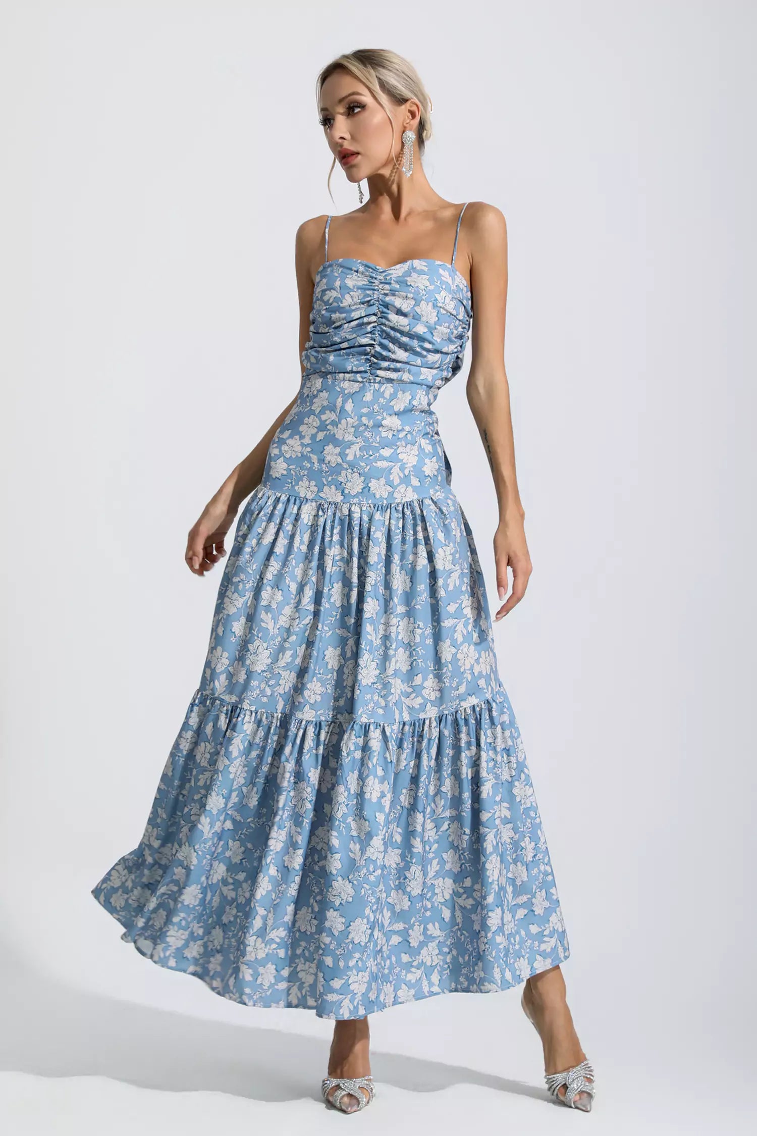 Occam Blue Floral Ruched Slip Maxi Dress
