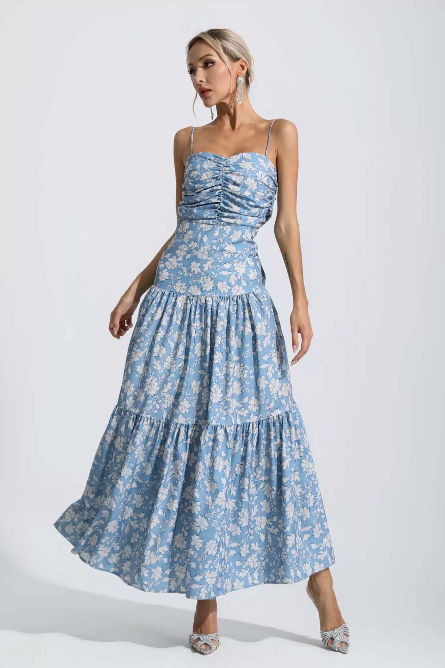 Occam Blue Floral Ruched Slip Maxi Dress