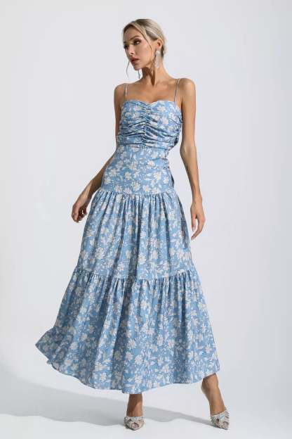 Occam Blue Floral Ruched Slip Maxi Dress