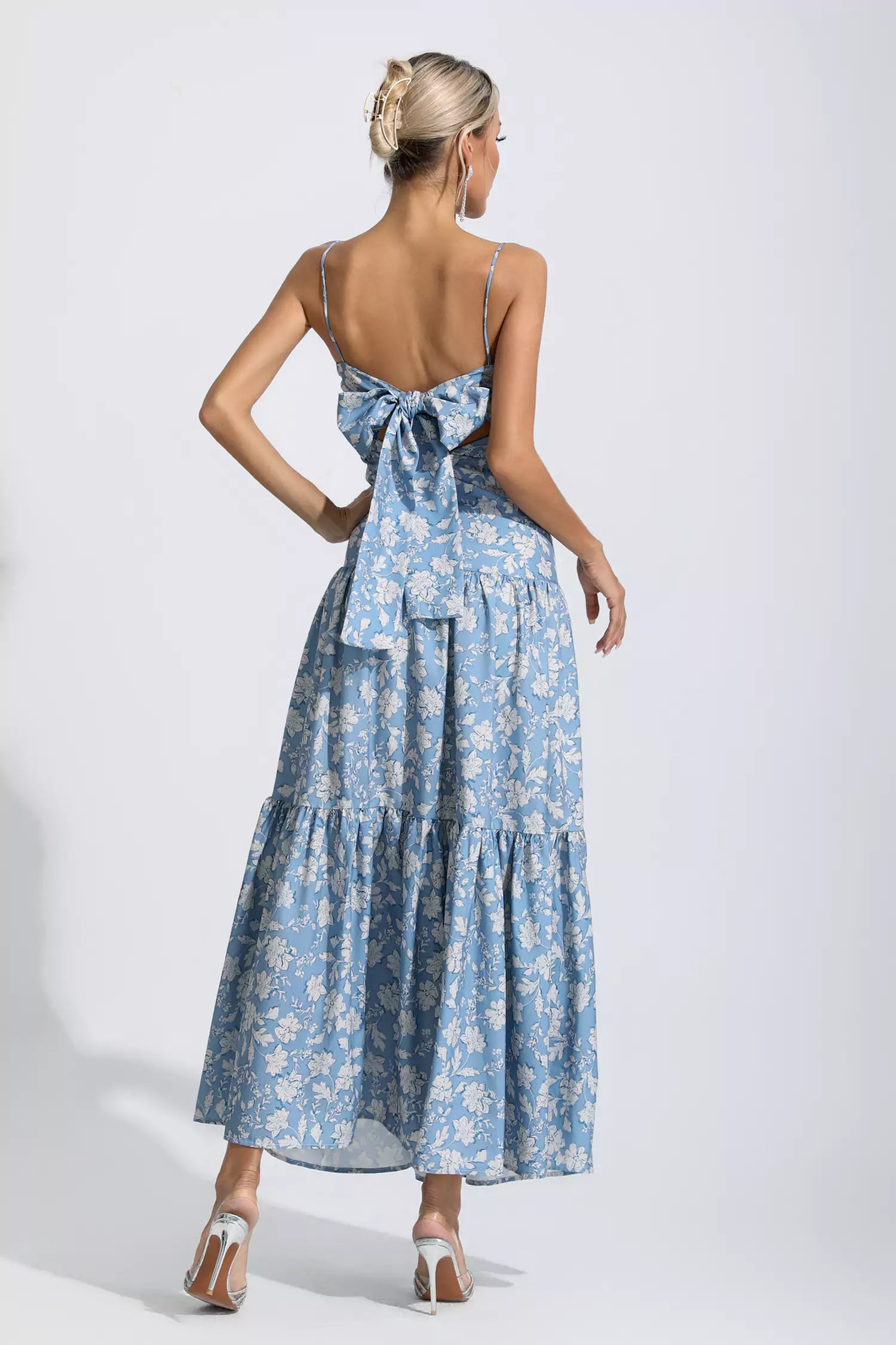Occam Blue Floral Ruched Slip Maxi Dress