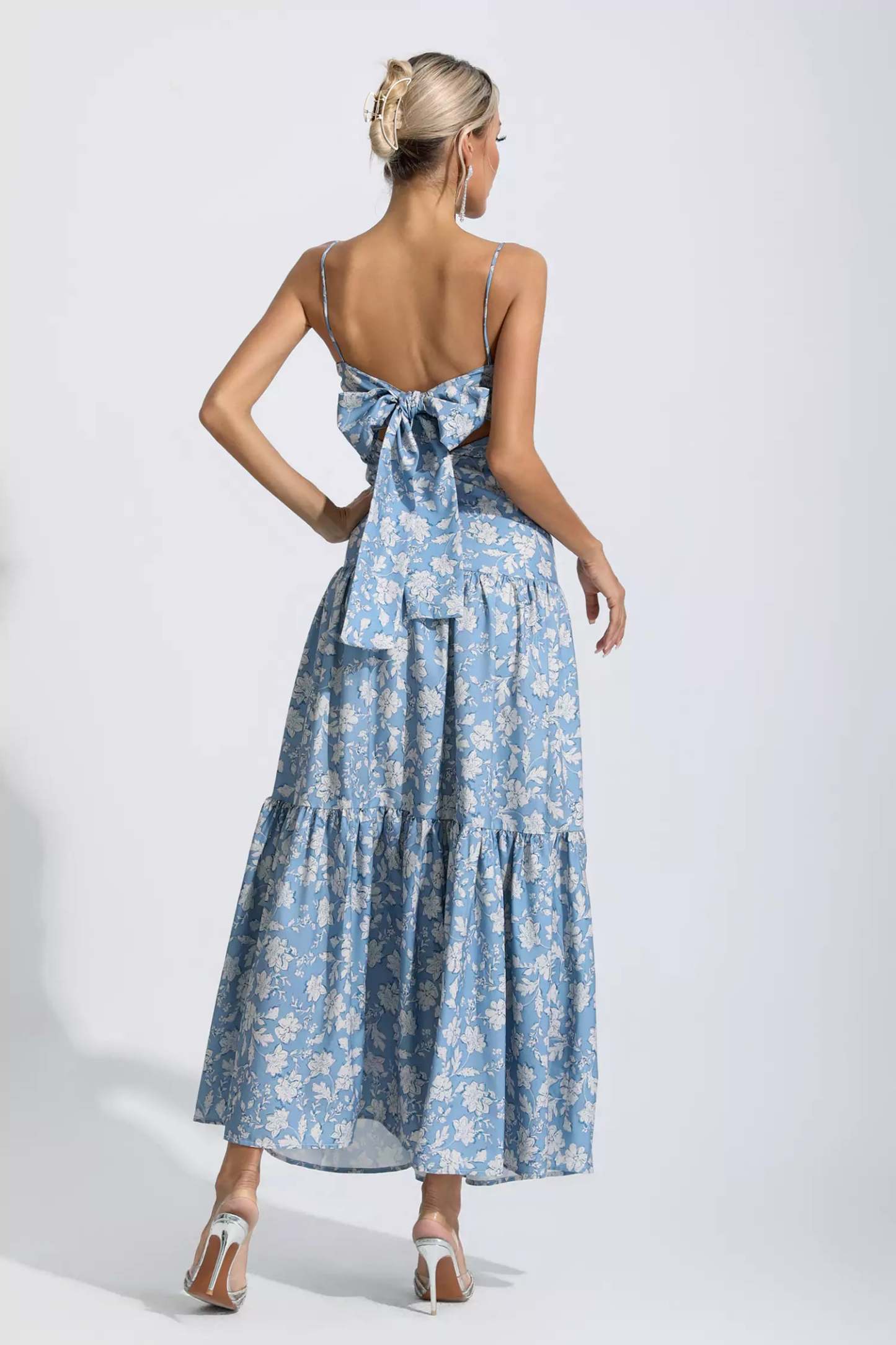 Occam Blue Floral Ruched Slip Maxi Dress