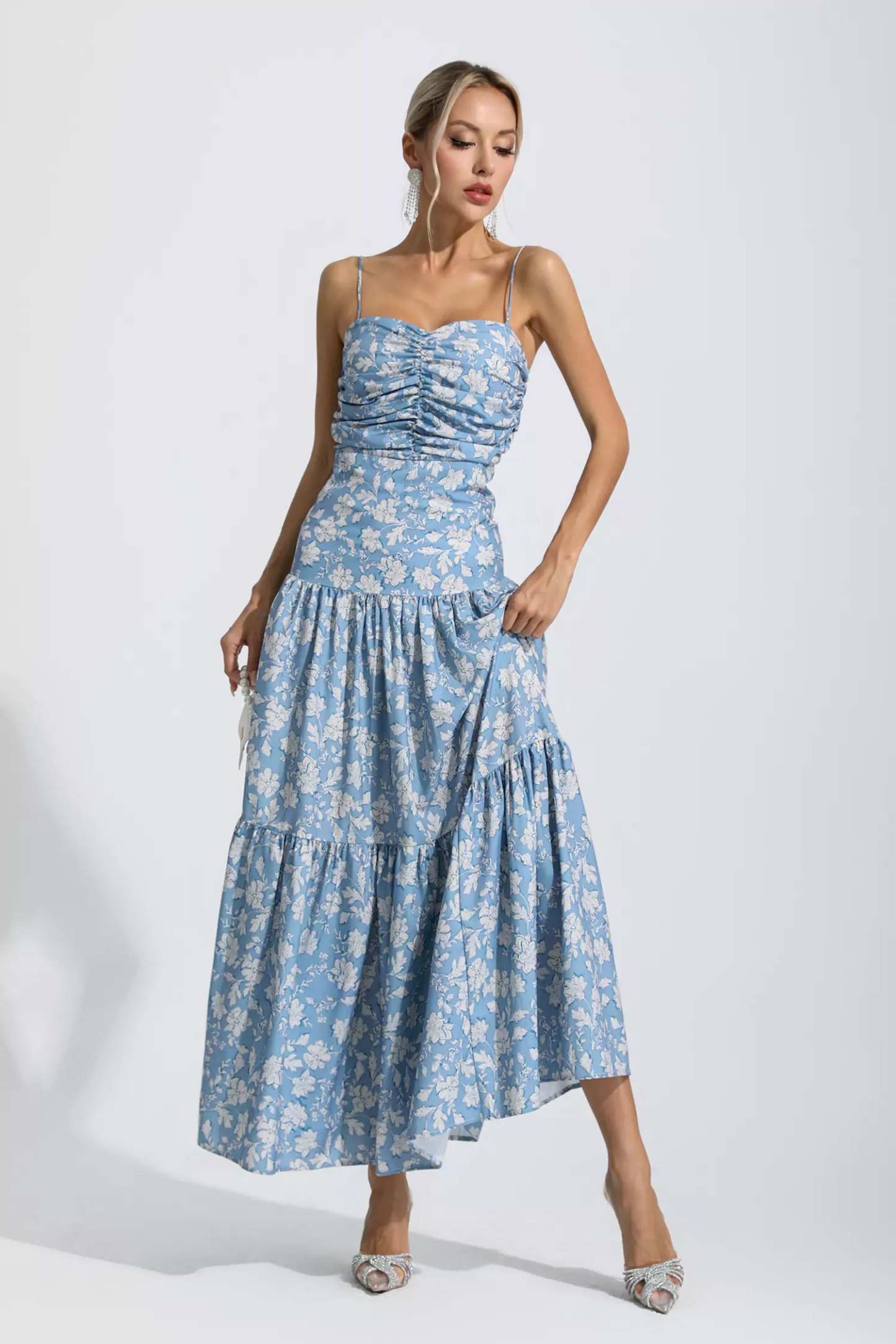 Occam Blue Floral Ruched Slip Maxi Dress