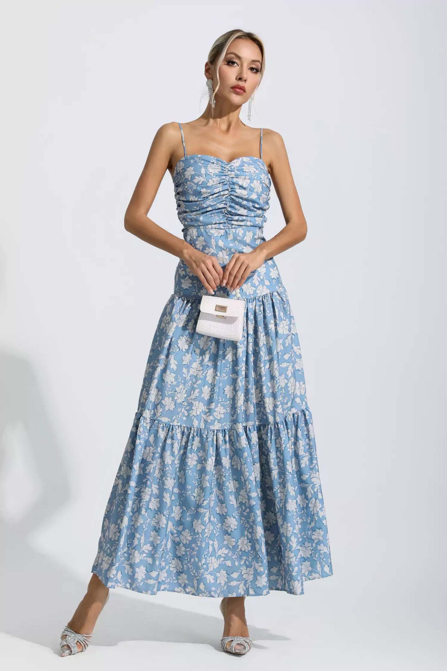 Occam Blue Floral Ruched Slip Maxi Dress