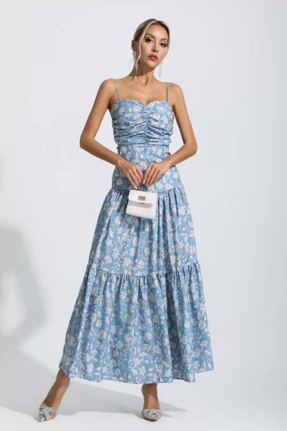 Occam Blue Floral Ruched Slip Maxi Dress