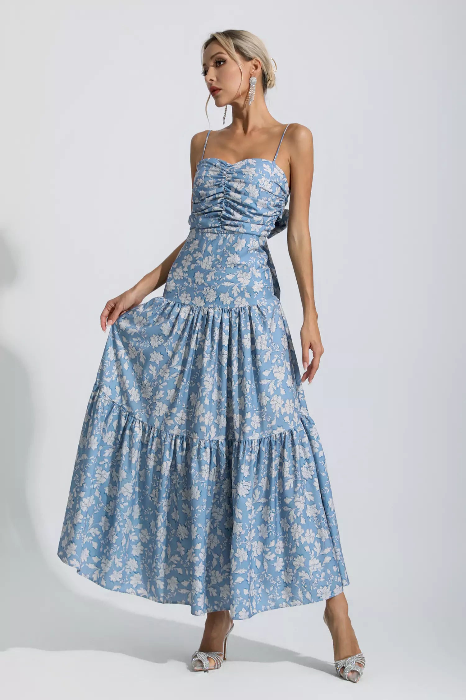 Occam Blue Floral Ruched Slip Maxi Dress