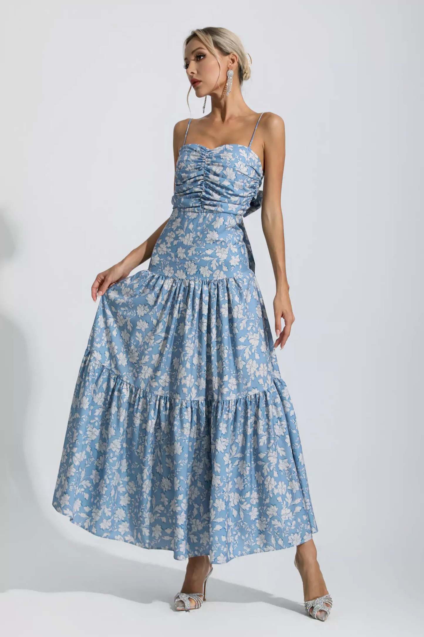 Occam Blue Floral Ruched Slip Maxi Dress