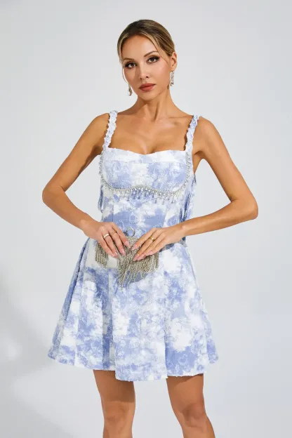 Alvin Blue Pearls Mini Slip Dress