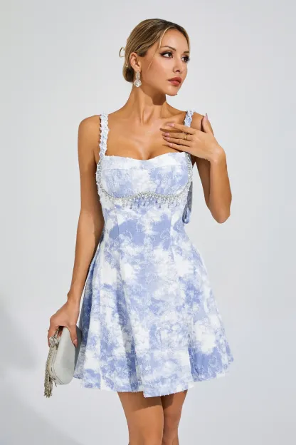 Alvin Blue Pearls Mini Slip Dress