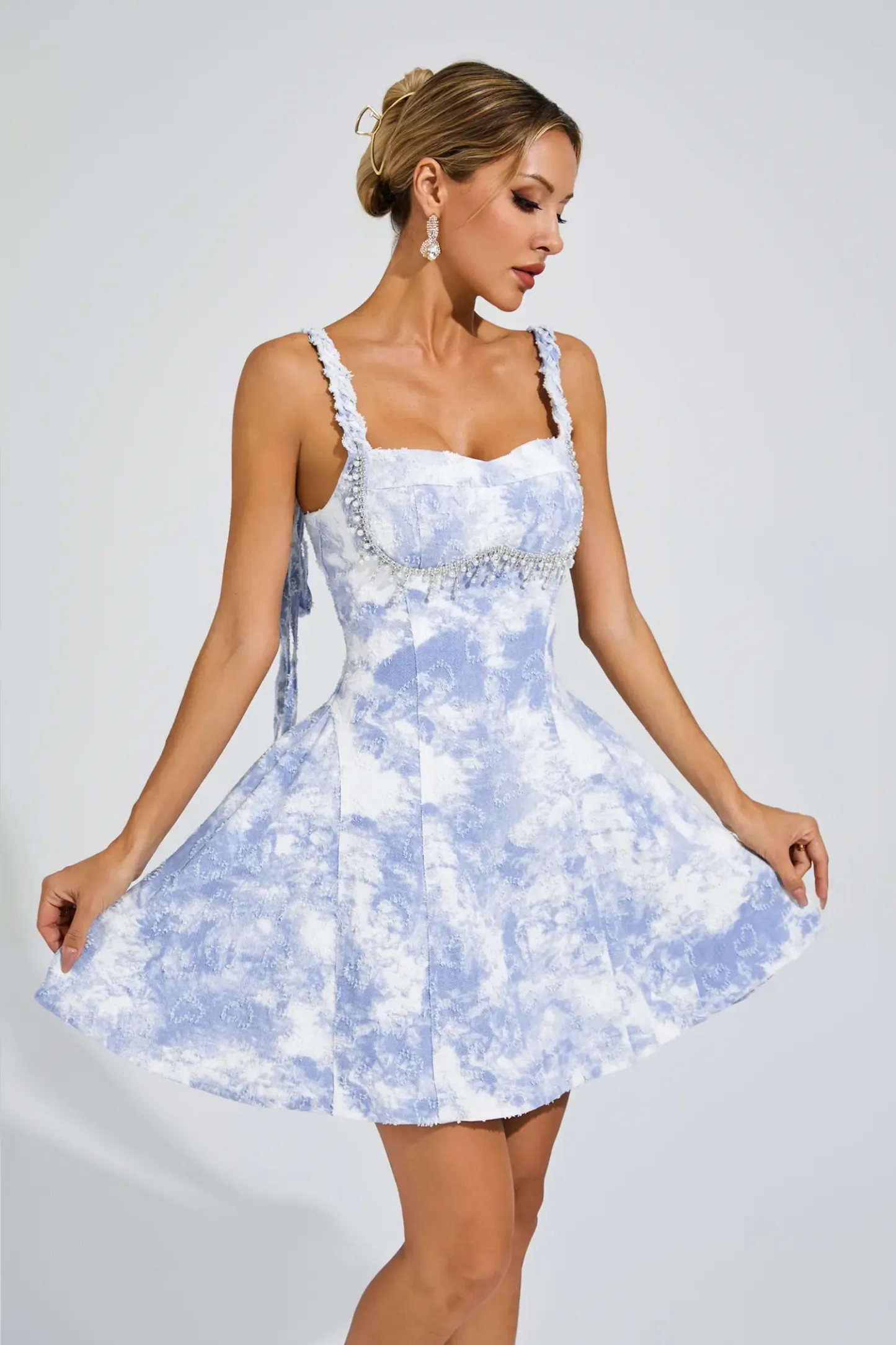 Alvin Blue Pearls Mini Slip Dress