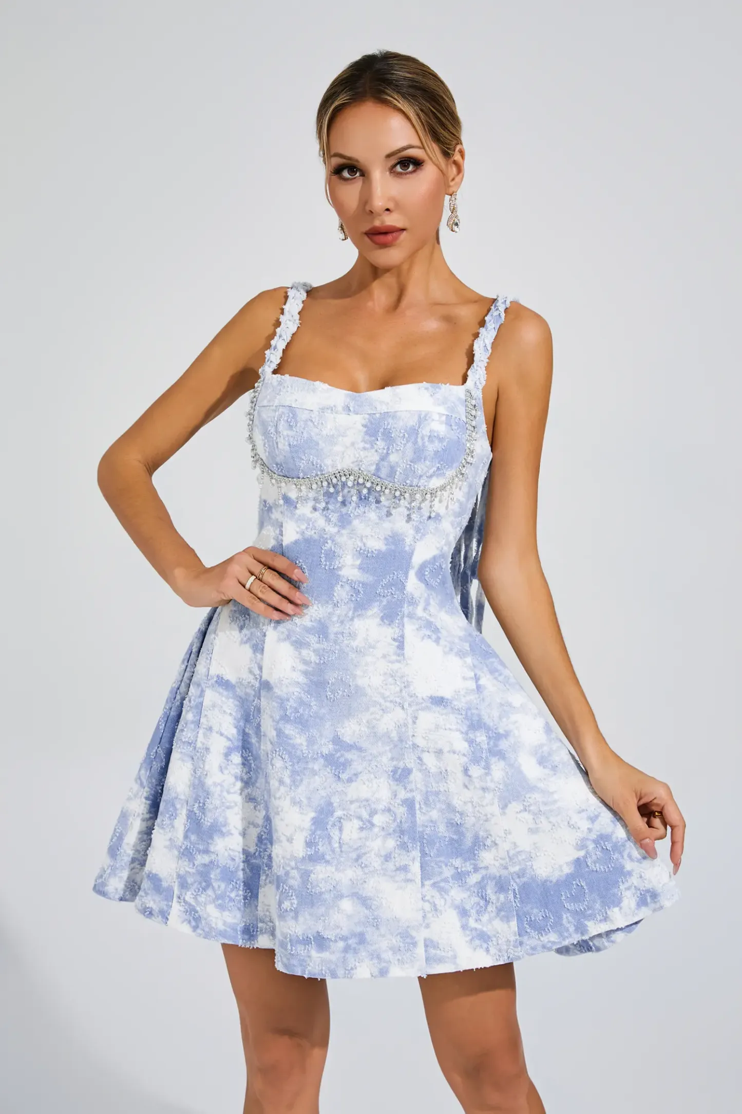 Alvin Blue Pearls Mini Slip Dress