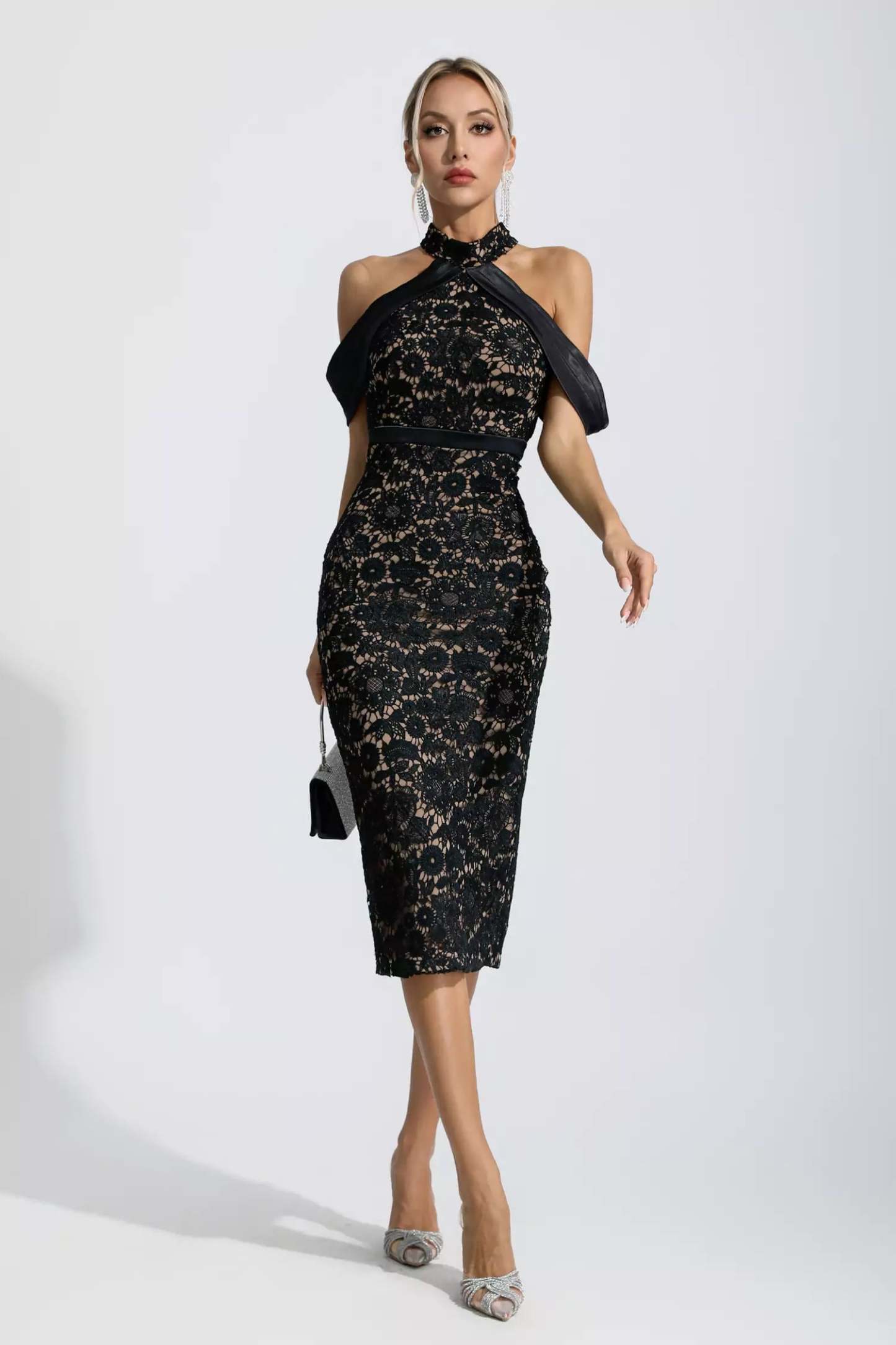 Andy Black Floral Halter Midi Dress