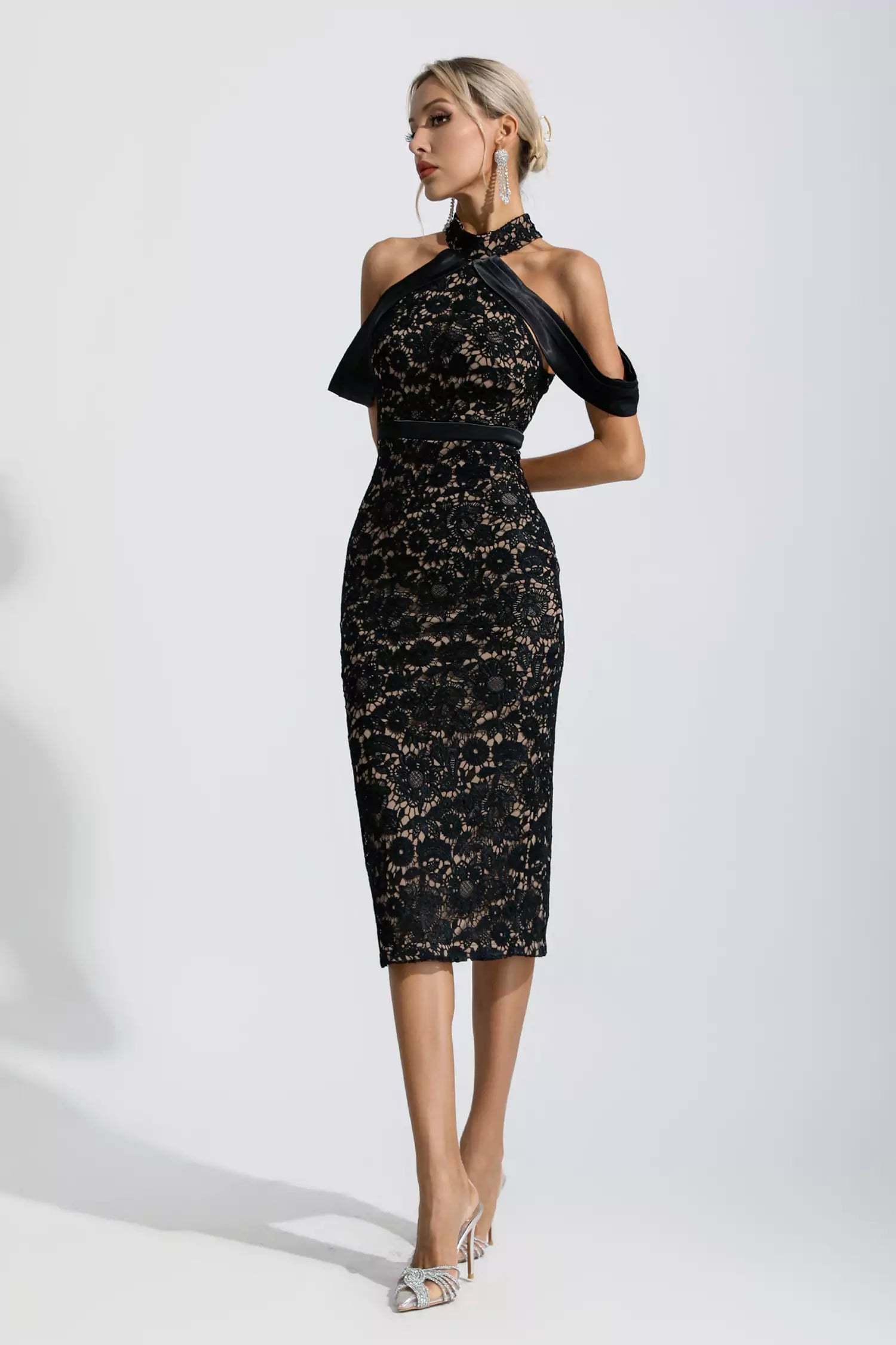 Andy Black Floral Halter Midi Dress