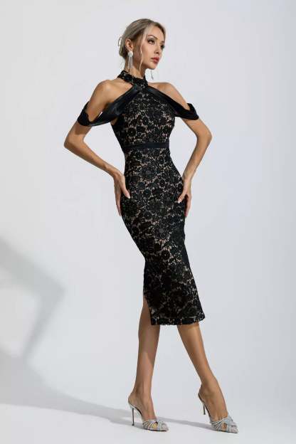 Andy Black Floral Halter Midi Dress
