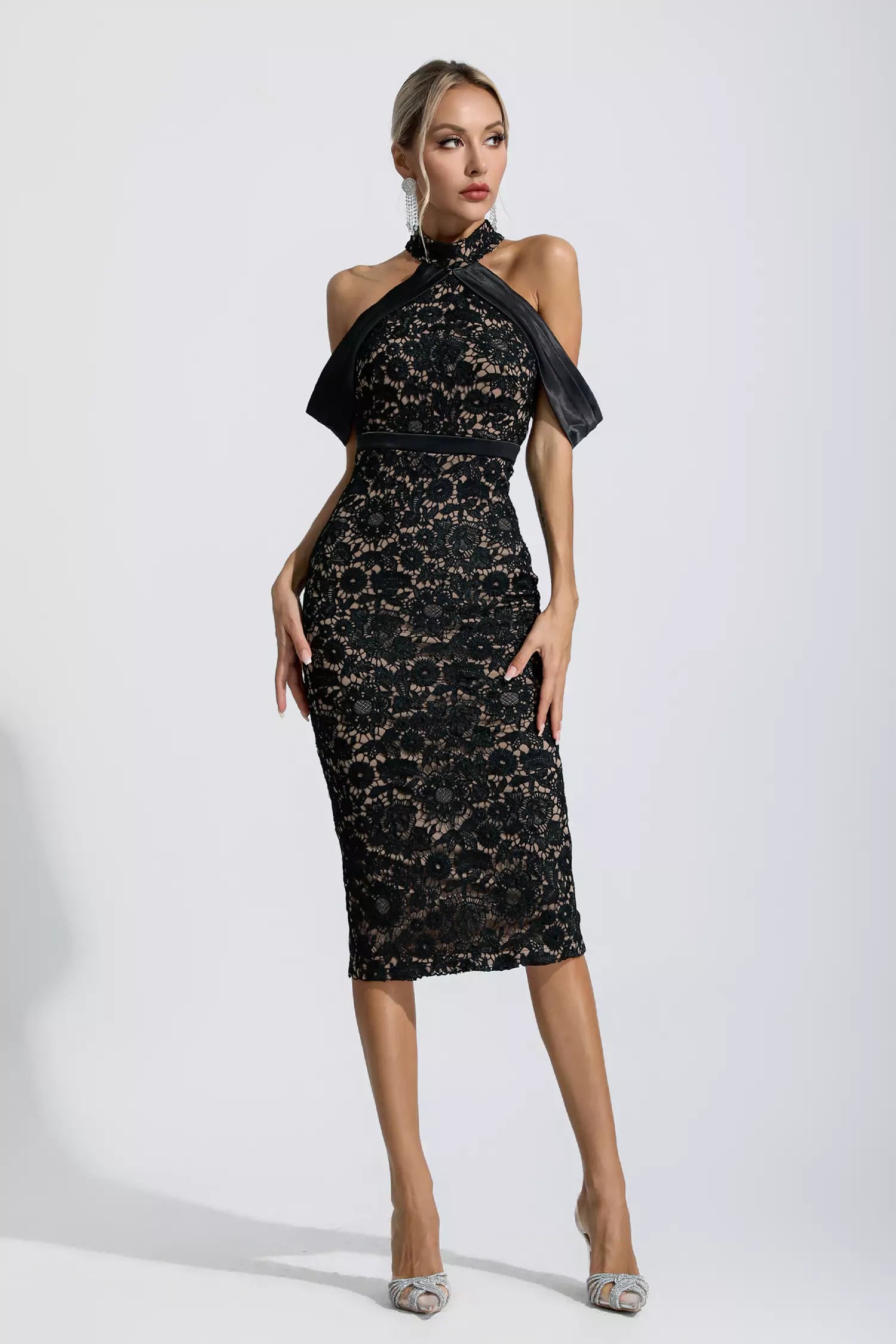 Andy Black Floral Halter Midi Dress