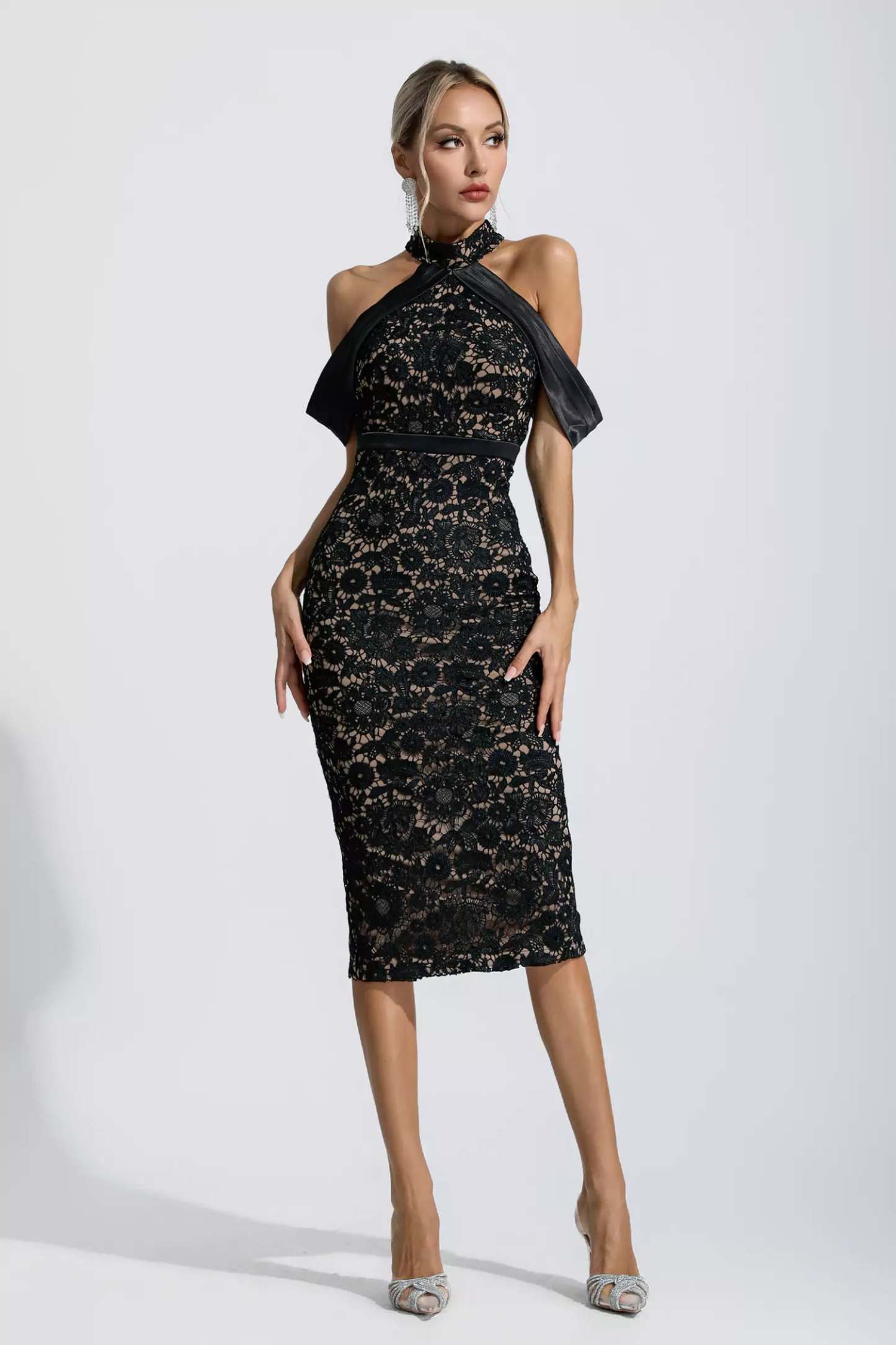 Andy Black Floral Halter Midi Dress