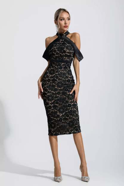 Andy Black Floral Halter Midi Dress