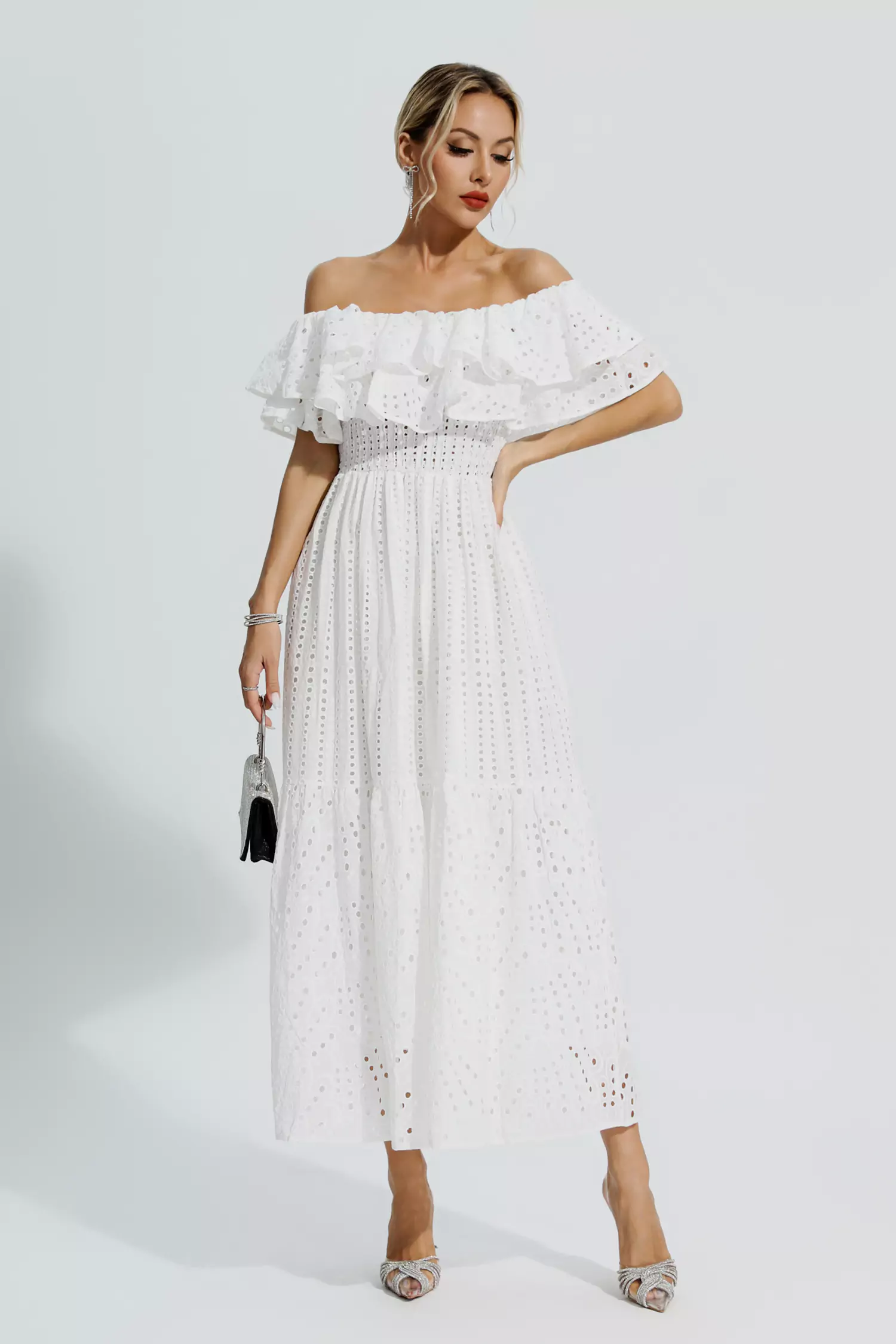 Grant White Cutout Ruffle Maxi Dress
