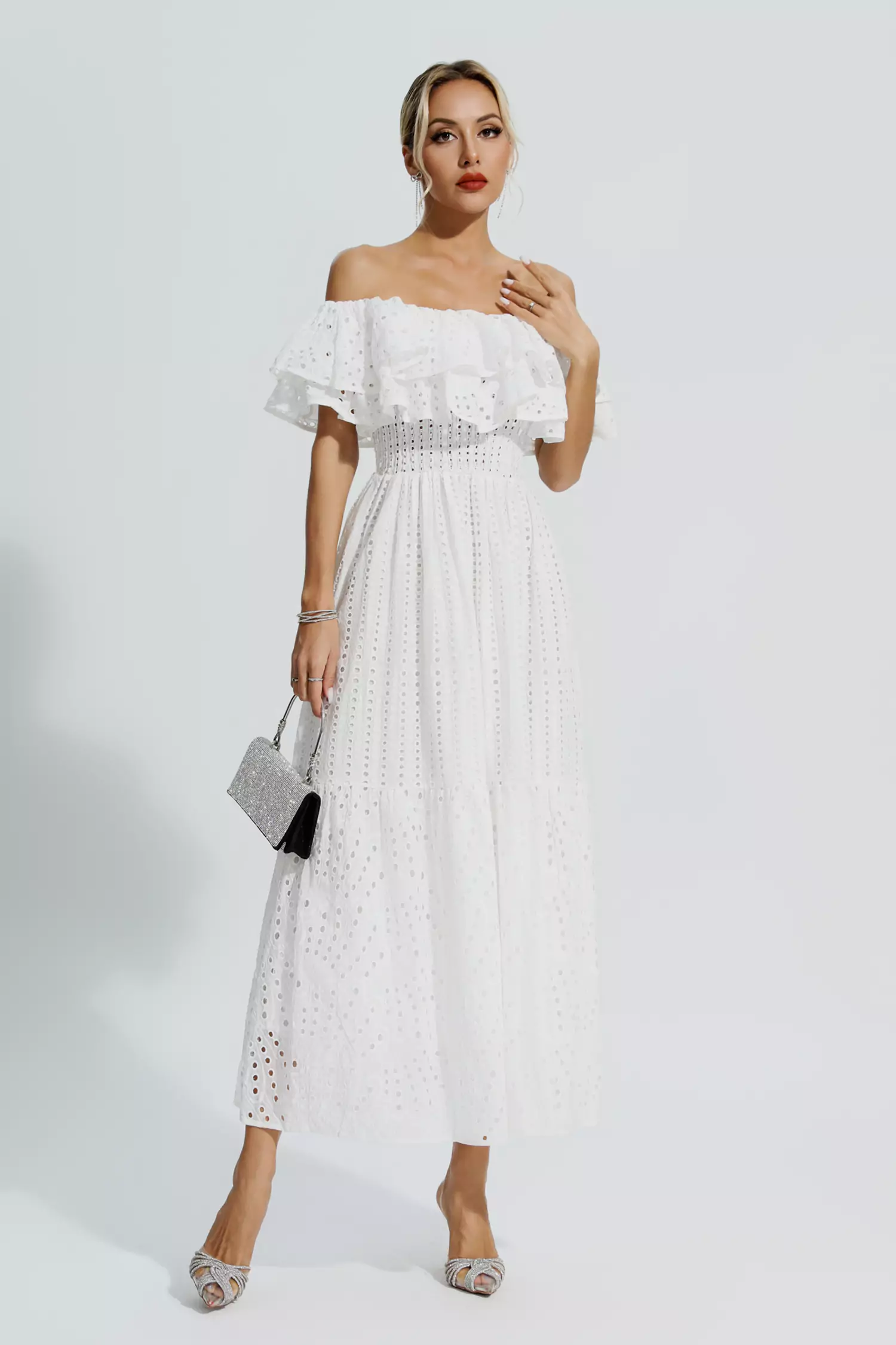 Grant White Cutout Ruffle Maxi Dress