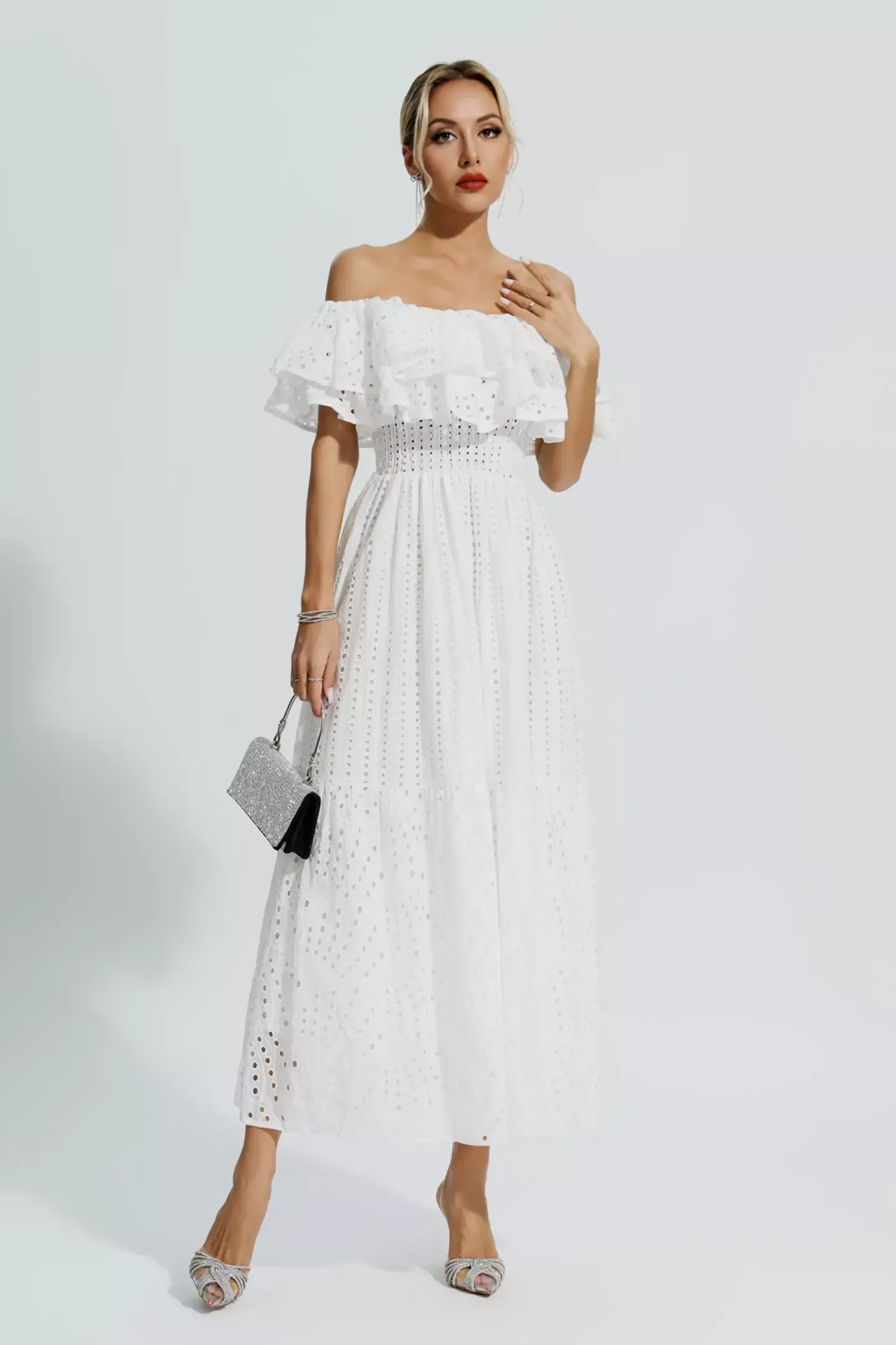 Grant White Cutout Ruffle Maxi Dress